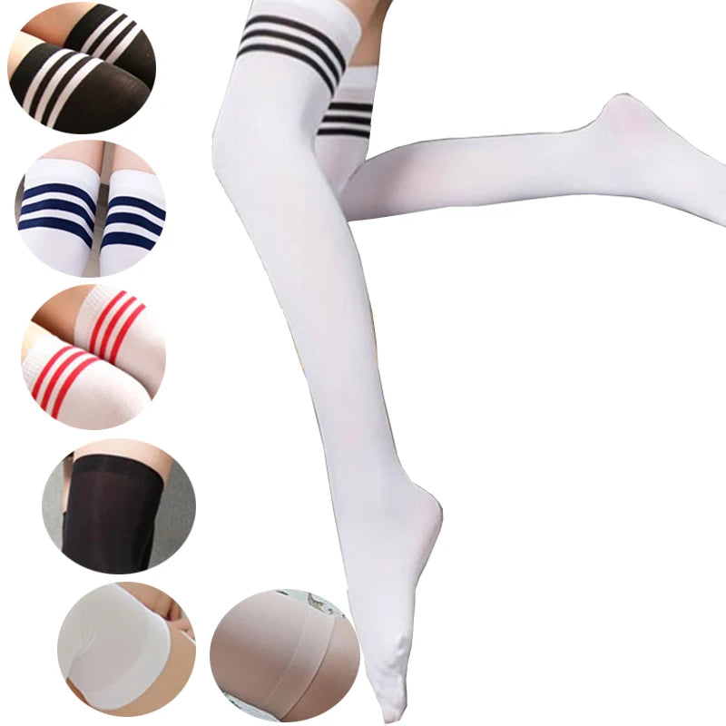 White thigh-high socks with striped tops displayed on a leg, surrounded by close-up insets of different color options.
