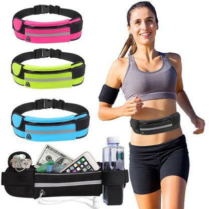 Woman wearing a black waist bag with additional waist bags displayed above her
