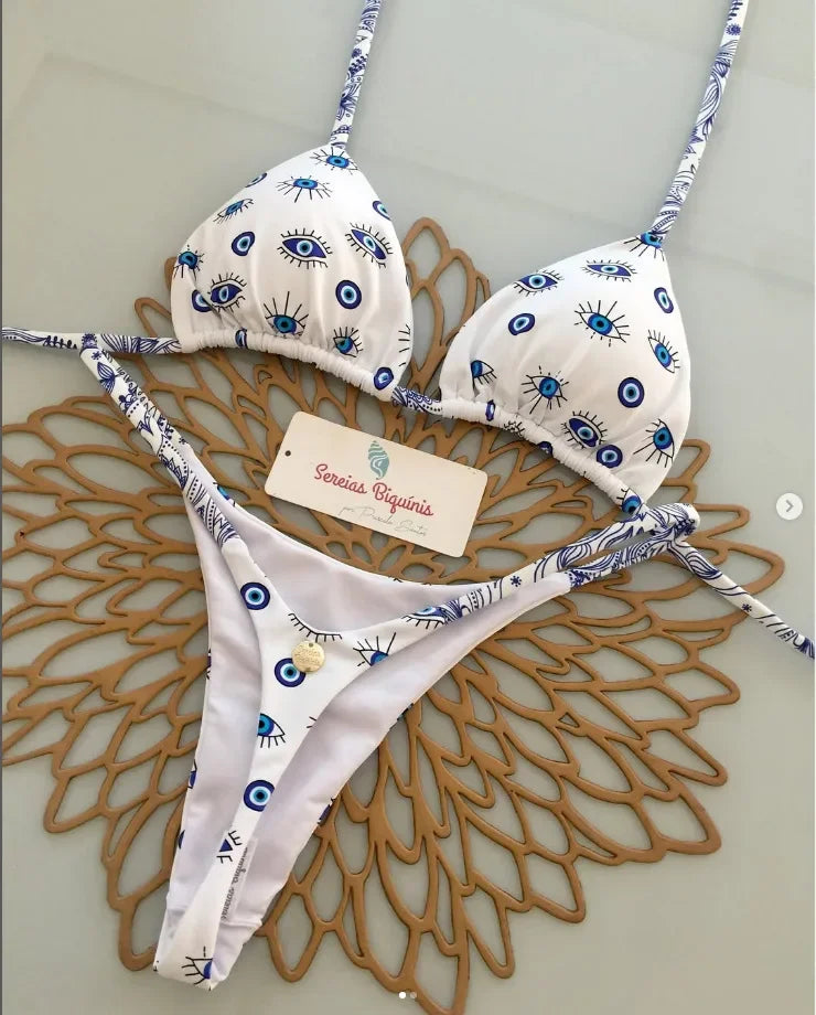Print Sexy Bikini Sets Halter Lace-up Tops Thongs Beach Style Bathing Suit Y2k Swimsuits Women Beachwear Купальник Женский 2025