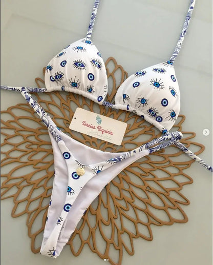 Print Sexy Bikini Sets Halter Lace-up Tops Thongs Beach Style Bathing Suit Y2k Swimsuits Women Beachwear Купальник Женский 2025