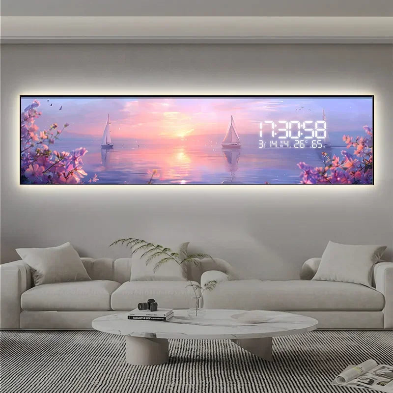 Digital clock with scenic display in a living room