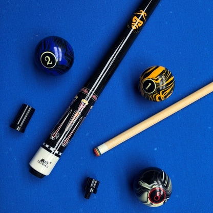 Pool cue and balls on a blue background