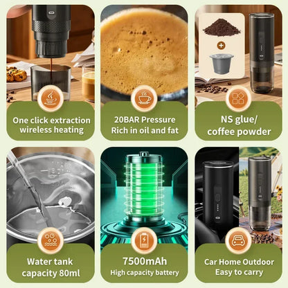 TINSOL Wireless Portable Espresso Machine Capsule Coffee Powder Travel Coffee Maker Smart Extraction Wireless Heating