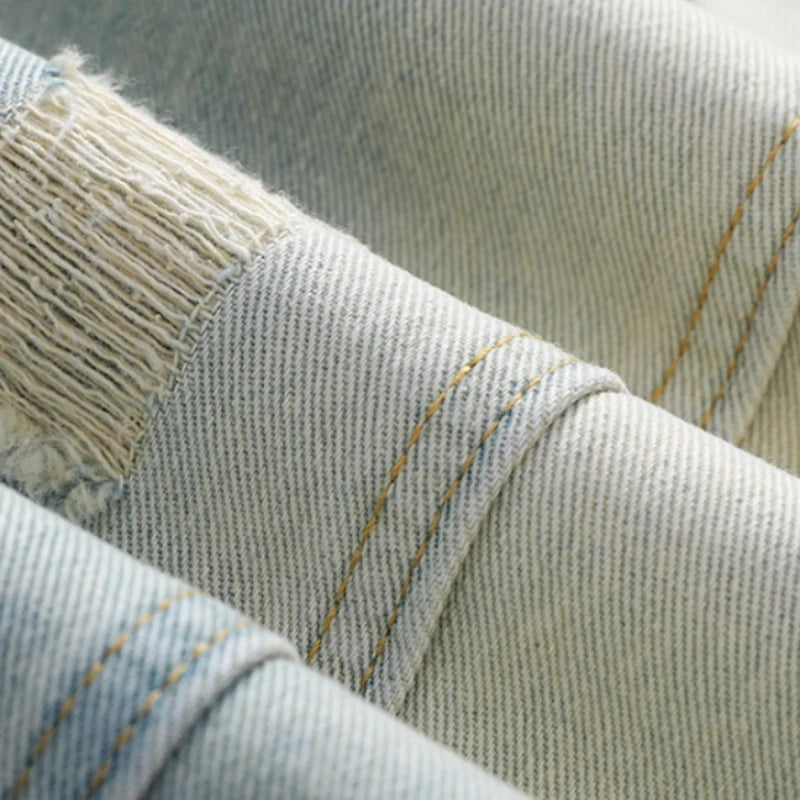 Close-up of denim fabric with stitching details