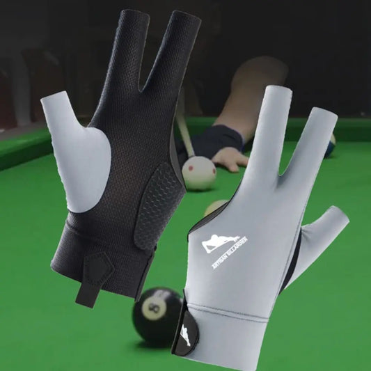 Two billiard gloves on a green pool table with balls and cues in the background.