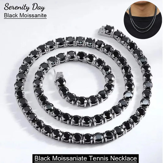 Black moissanite tennis necklace on a white background with 'Serenity Day' branding.