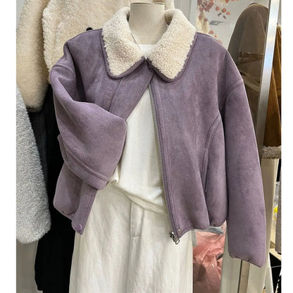 Double-Sided Wear Suede Lamb Fur Collar ort Jaet Women's Winter Warm Inteated Leather Fur Zipper Closure Casual Coat