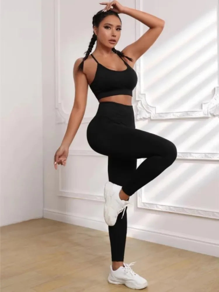 Removable-Padded Backless Crop Top And High-Waisted Yoga Pants Running Set Peach Design Fitness Outfit for Women