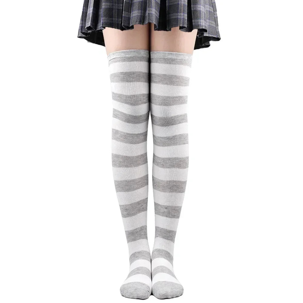 Long Socks Womens Over Above Knee Striped Thigh High Stockings Polka Dot Ladies Black White Pink Cosplay Lolita Harajuku Y2k