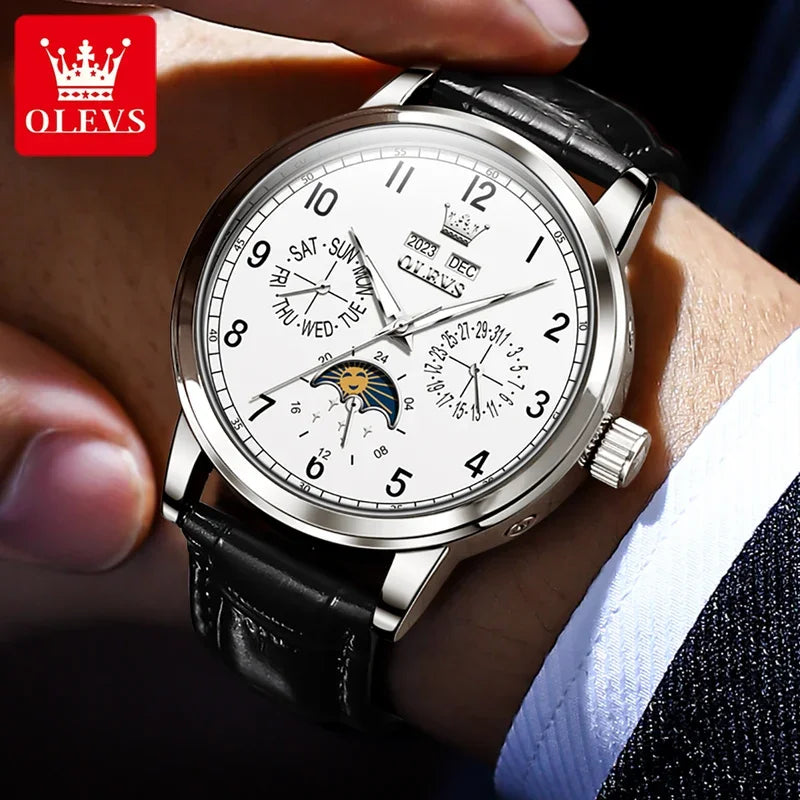 OLEVS Automatic Moon Phase Watch for Men — Leather, Waterproof, Luminous
