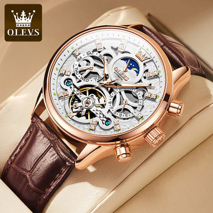 OLEVs Lederarmband Herrenuhren Mondphase Wasserdicht Volle Hohl Mechanische Automatikuhr für Herren