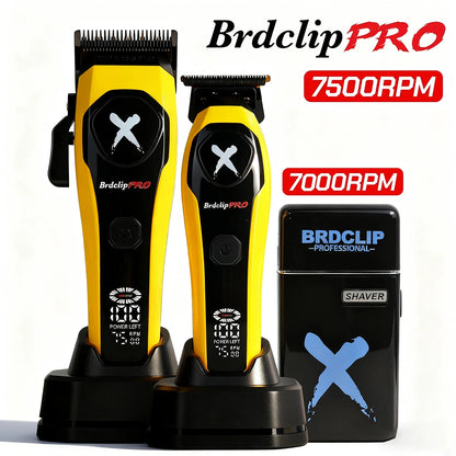 Brdclip PRO hair trimmer set with digital display and charging stand on a white background