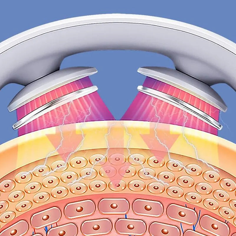 Illustration of a medical device with pink and white components on a blue background