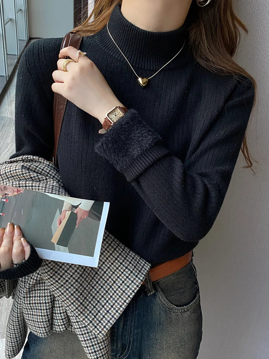 Damen Rollkragenpullover Winter 2025 Retro mit Samtfutter Verdickter Innenpullover Thermogestricktes Unterzieh-Shirt