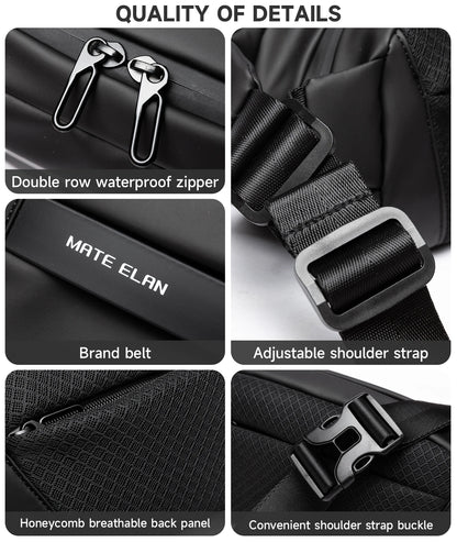 Collage of details about a black bag with features labeled, including zipper, brand belt, shoulder strap, and back panel.