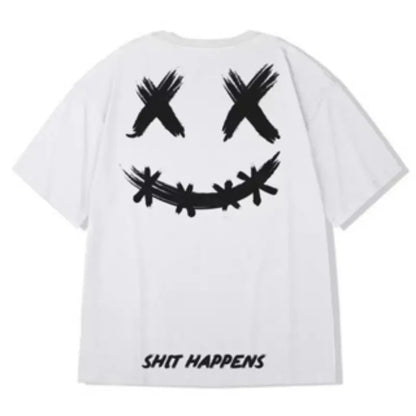 White t-shirt with black smiley face and 'SHIT HAPPENS' text on a white background