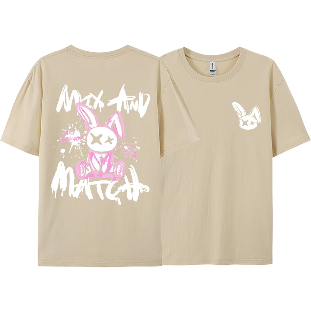 Pink Ragdoll Rabbit Harajuku Print T-Shirt Men Loose Oversize  Clothing Hip Hop Casual Short Sleeve S-XXXL Cotton T-Shirt Couple