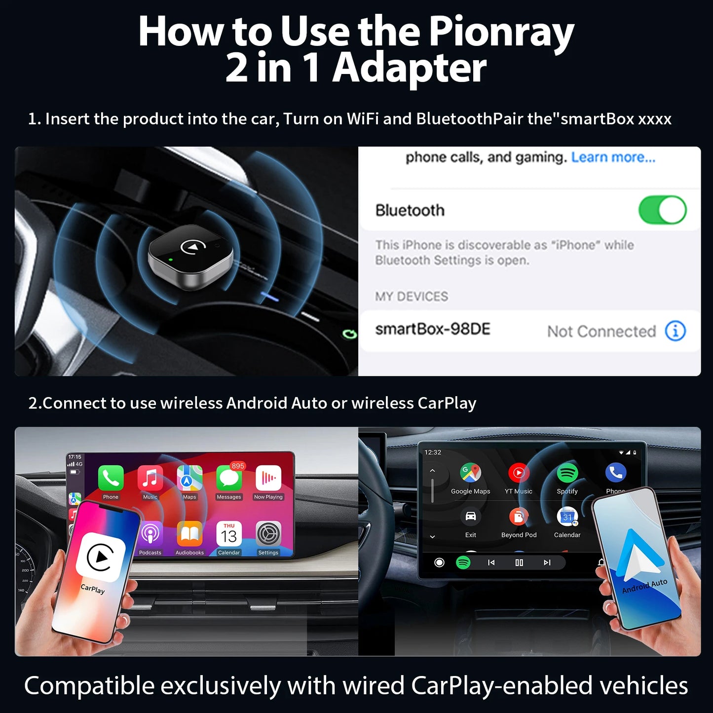 2026 Pionray 2-in-1 kabelloser CarPlay Adapter & Android Auto Wireless Adapter, 5GHz WiFi Type-C/USB Plug and Play kabelloses CarPlay
