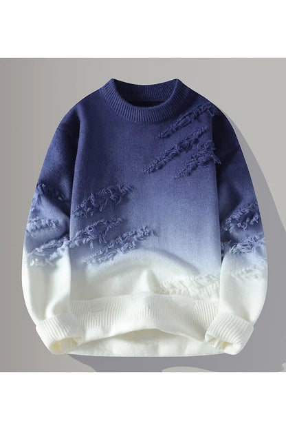 Blue and white sweater with lace details on a gray background