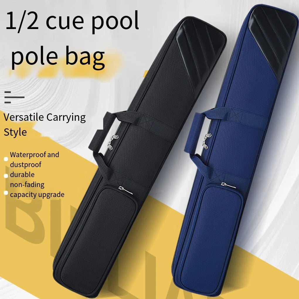 Two pool cue cases, one black and one blue, on a white and yellow background with text about the product features.
