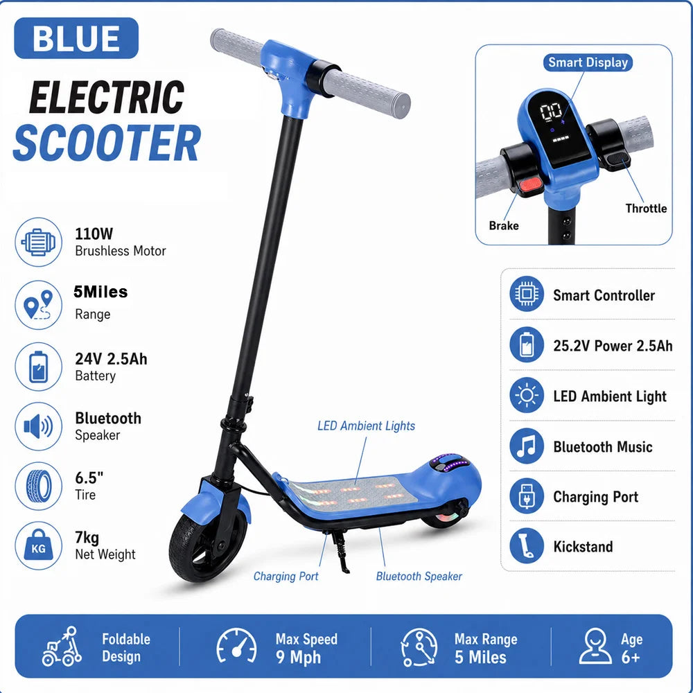Blue electric scooter with features listed on a white background