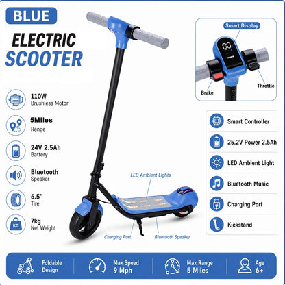 Blue electric scooter with features listed on a white background