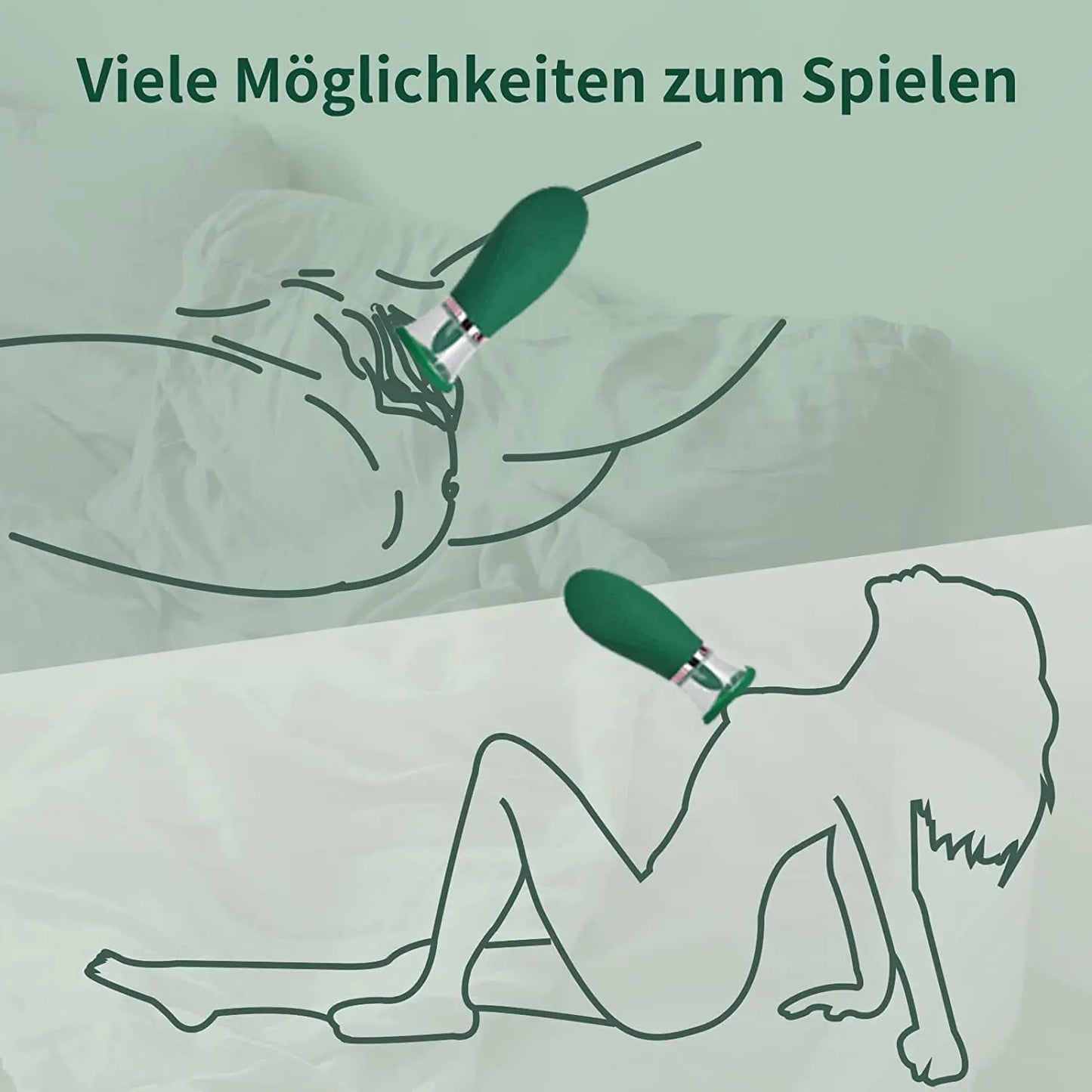 Diagram of a person lying down with a green device attached, on a light green background with text.