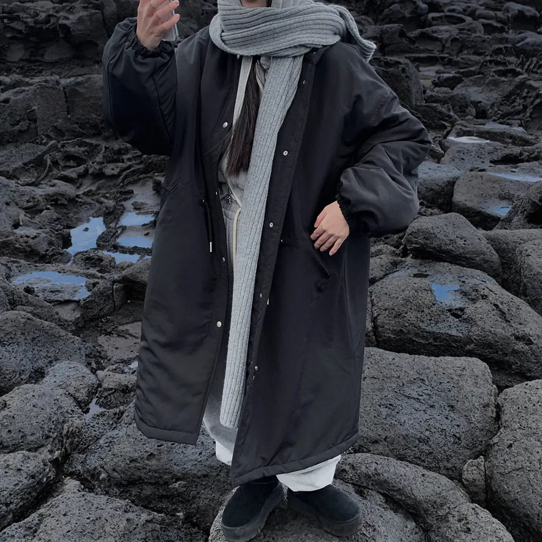 Winter Stand Collar Long Down Jacket Female Warm Drawstring Knee Length Cotton Jacket Women Workwear Thick Outwears