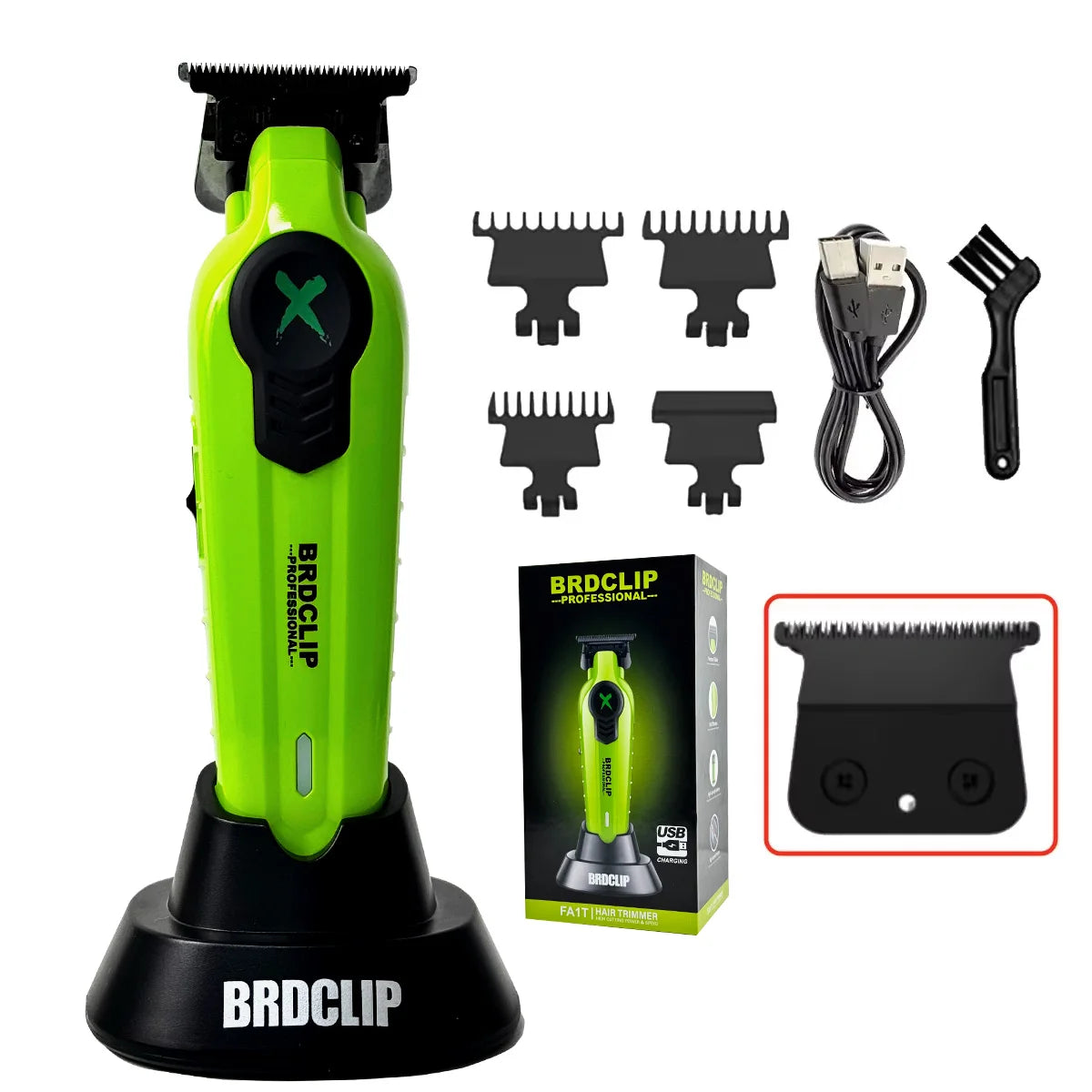 Green hair trimmer set with attachments and packaging on a white background
