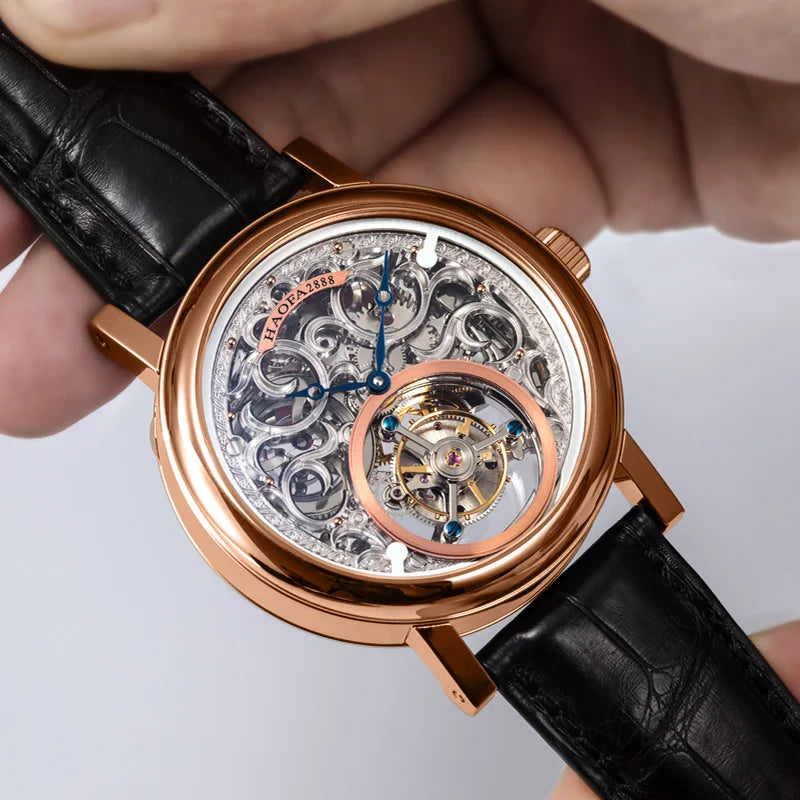 18K Gold Tourbillon Watch Hollow Carving Movement Manual Mechanical Watch Sapphire
