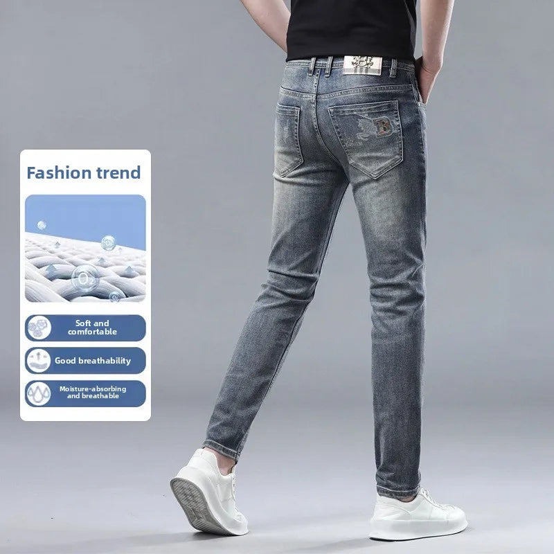 Slim Fit Freizeithose Herren Leichte Sommer Mode Elastische Freizeithose Straight Leg Baumwoll-Denim Mittlere Taille Reißverschluss