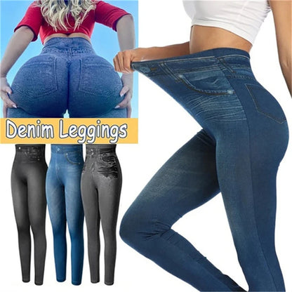 Denim leggings displayed on a model with a clear background