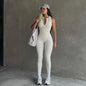 Fashion style sportswear women's solid color yoga pants zipper splicing hollow out backless tight fitting sleeveless jumpsuit