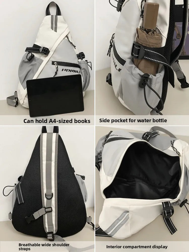 Collage of a sling bag with features highlighted on a white background