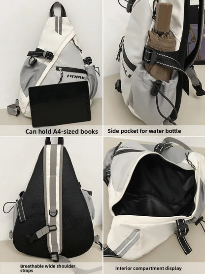 Collage of a sling bag with features highlighted on a white background