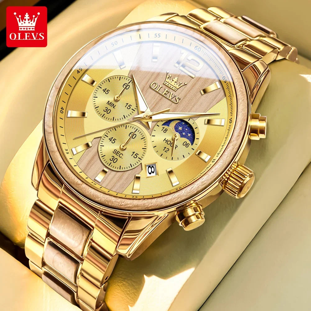 Gold watch with detailed face and OLEVS branding on a light background