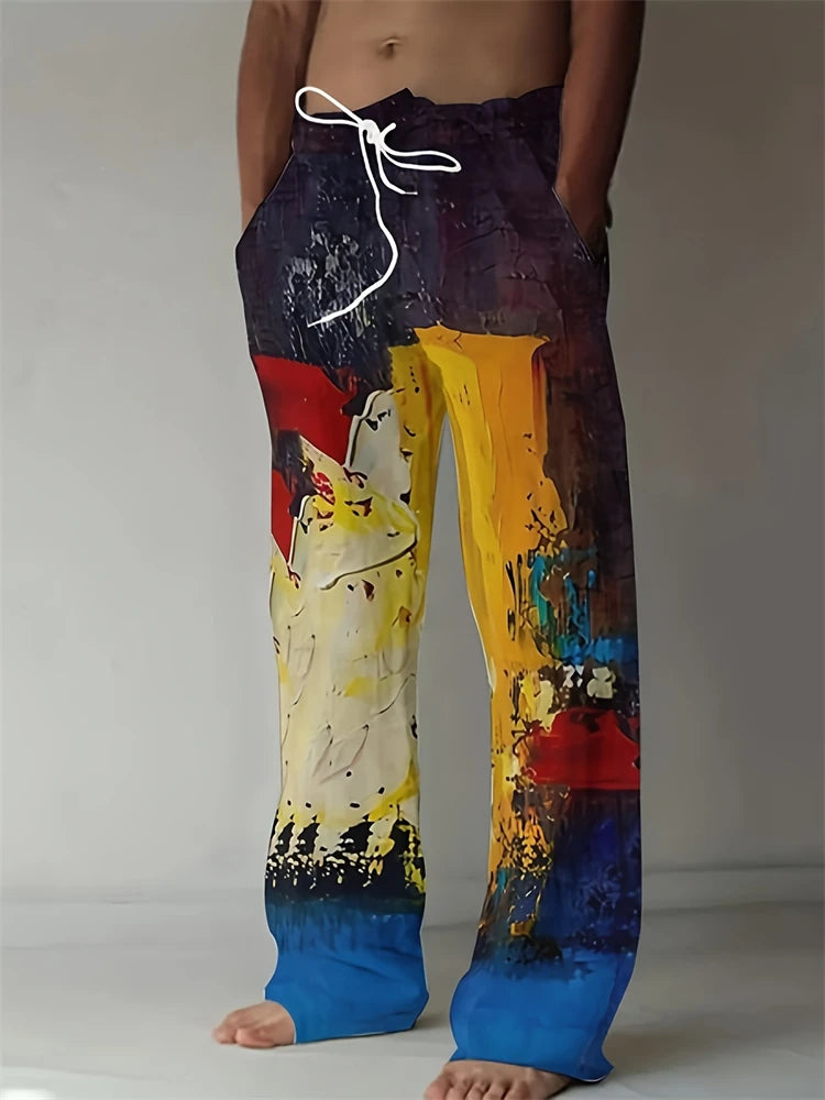 2025 Summer New Men's Casual Pants 3D Retro Shabby Print Beach Pants 100% Polyester Fiber Lightweight Stretch Cord Sweatpants
