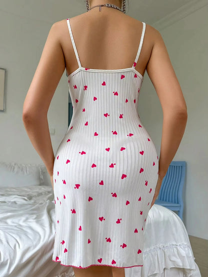 Damen Nachthemd Spitze Camisole Schleife & Herz-Print Ärmelloses Schlafkleid Elegante Nachtwäsche für Damen Neu Heiß