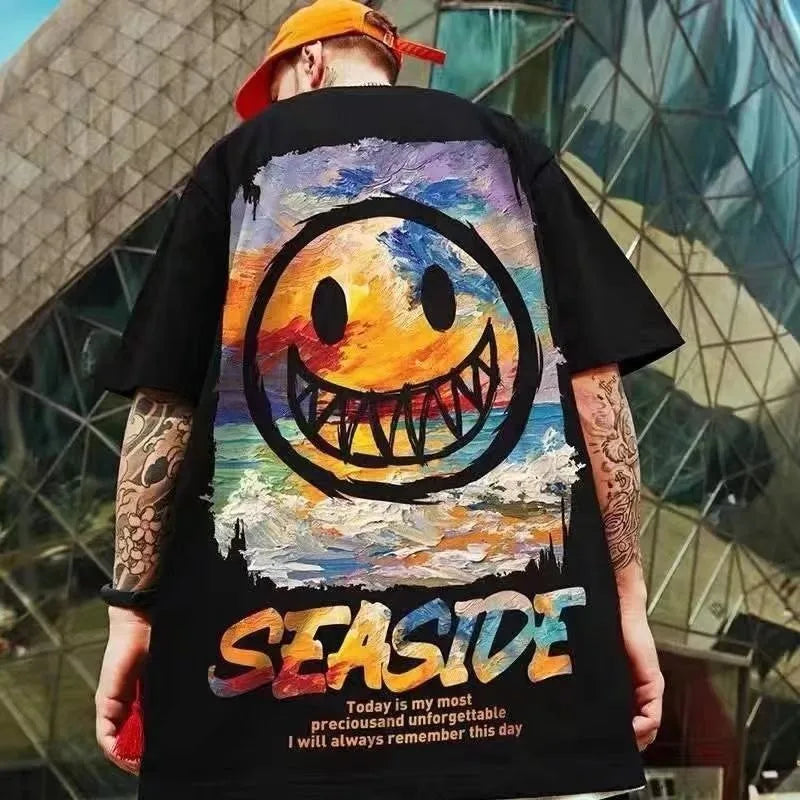8XL Locker Schnitt Trend American Vintage Graffiti Ausdruck Musterdruck T-Shirt mit weichem Freizeit Herren Vielseitiges Pärchen-Outfit