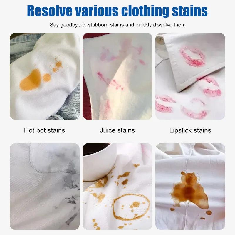 Collage of clothing stains being removed with text 'Resolve various clothing stains' and 'Say goodbye to stubborn stains and quickly dissolve them'.
