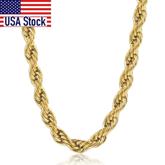 Twisted Rope Chain Necklace Gold Steel 3-7mm Men