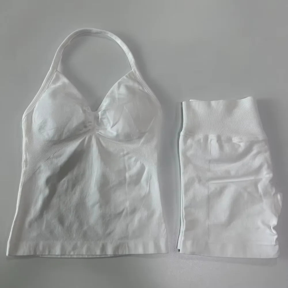 2Pcs Impacts Gym Set Tank Tops High Waist Scrunch Seamless Shorts Gym Suit Fitness Clothes Activewear Workout