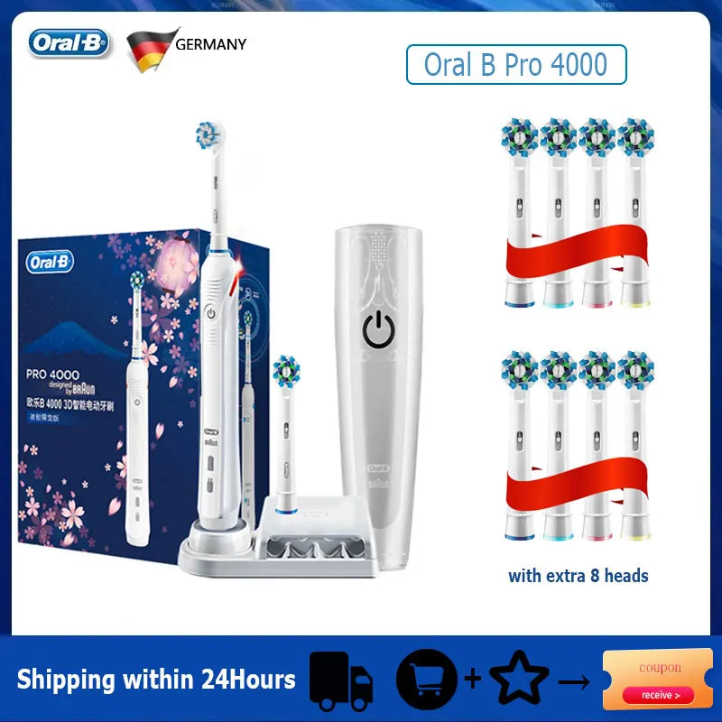 Oral B Elektrische Zahnbürste Pro 4000 3D-Reinigung Tägliche Reinigung Zähne Sichtbarer Andrucksensor 4 Modi Zahnfleischpflege Wasserdicht Wiederaufladbar