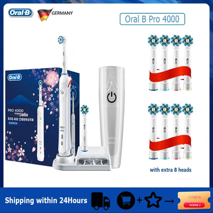 Oral B Elektrische Zahnbürste Pro 4000 3D-Reinigung Tägliche Reinigung Zähne Sichtbarer Andrucksensor 4 Modi Zahnfleischpflege Wasserdicht Wiederaufladbar