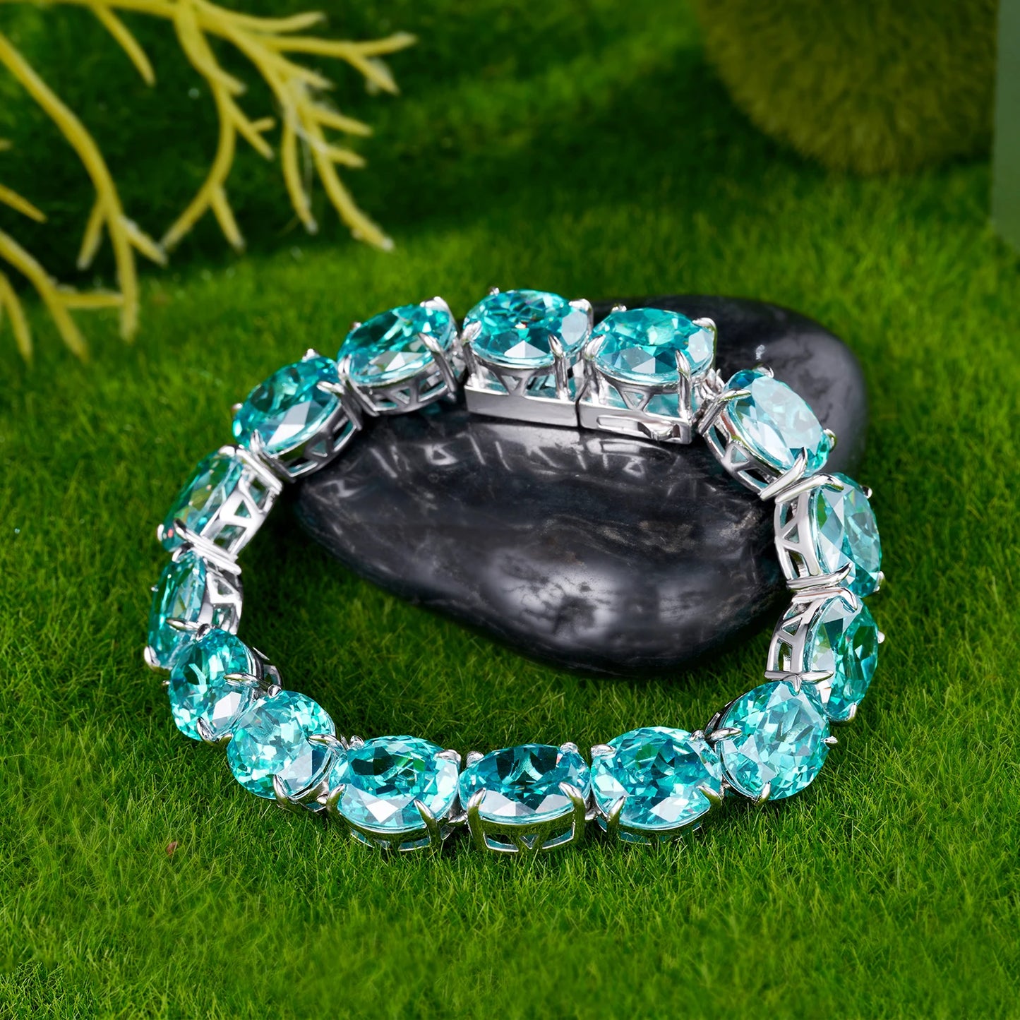 925 Sterling Silver Oval Cut 10 12 MM Lab Sapphire Paraiba High Carbon Diamonds Gemstone Bracelet Bangle