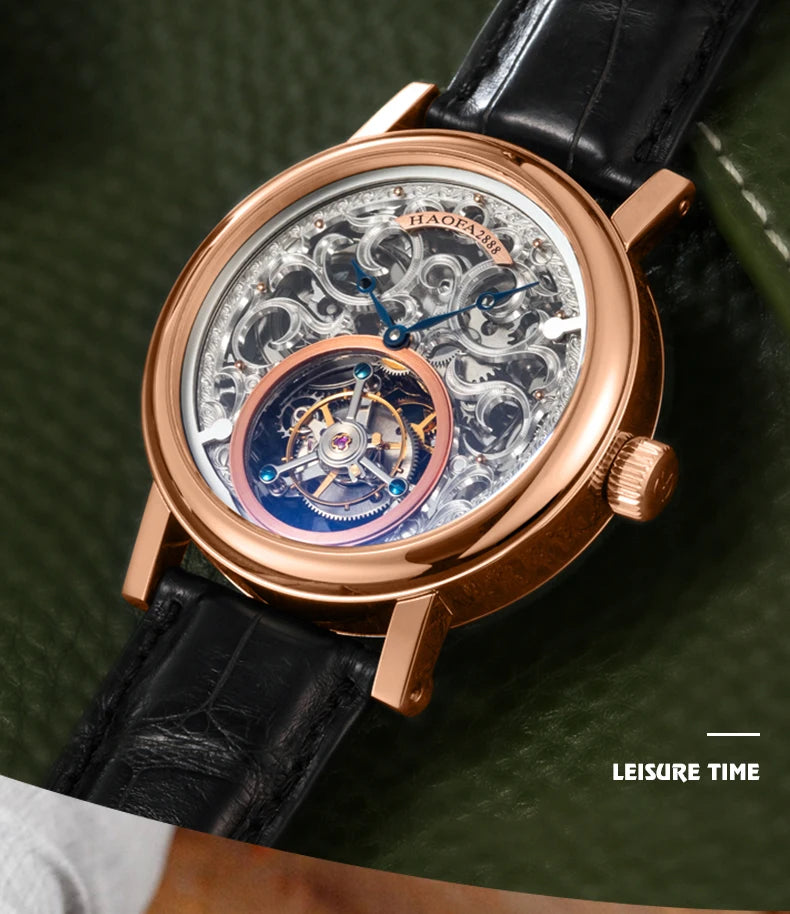 18K Gold Tourbillon Watch Hollow Carving Movement Manual Mechanical Watch Sapphire