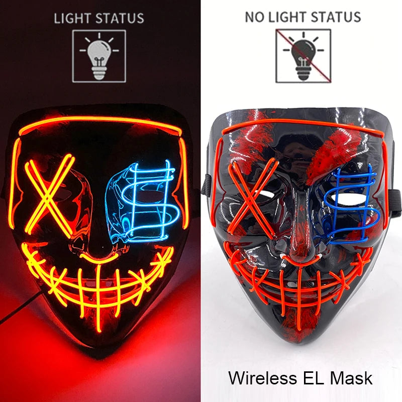 Drahtlose Neon-LED-Reinigungsmaske, im Dunkeln leuchtende Cosplay-Horrormaske, Halloween-Maskerade-Partymasken, leuchtende, lustige Verkleidung