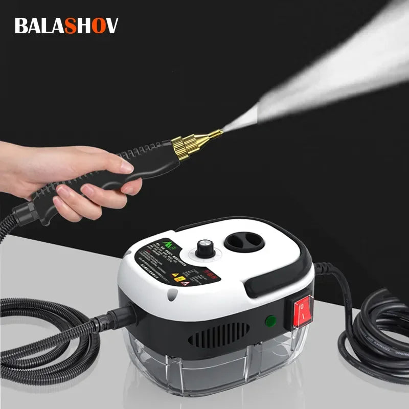 Balashov steam cleaner with a hand holding a nozzle spraying steam on a black background