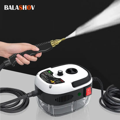 Balashov steam cleaner with a hand holding a nozzle spraying steam on a black background