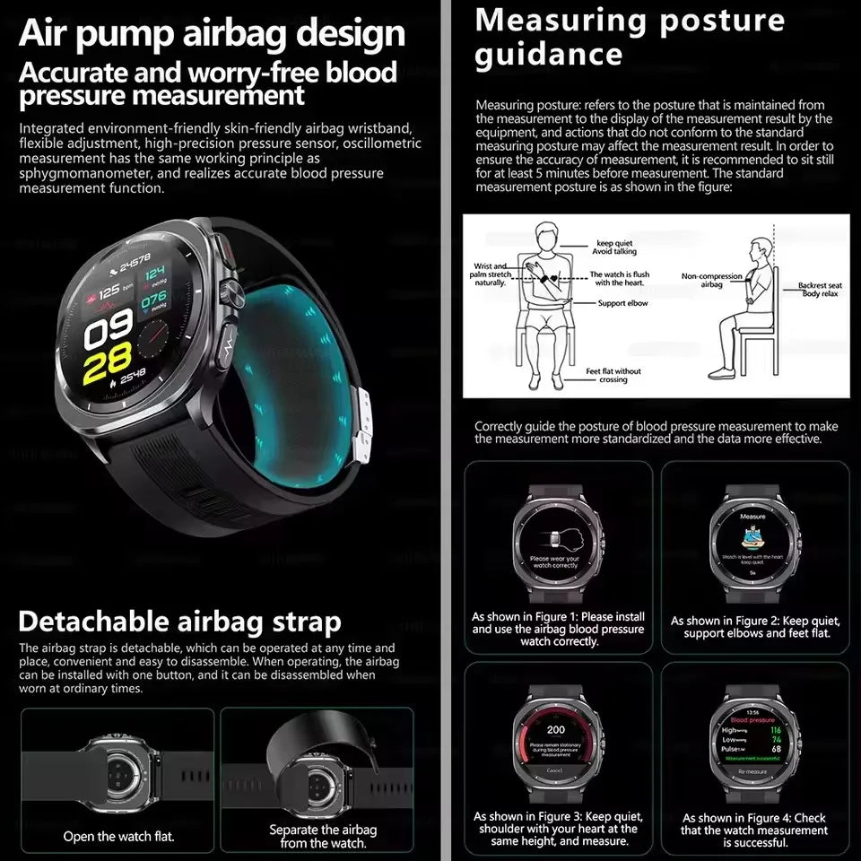 2025New Nursing Grade Air Pump Airbag Accurate Measure ECG Blood oxygen SmartWatches Men Blood Pressure Fitness Sport SmartWatch